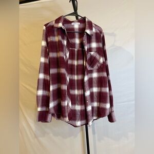Arizona Jean Co Women’s Plaid Button-Up Burgundy and White Flannel Shirt, Medium